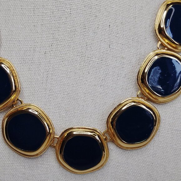 Vintage Gold Tone Navy Enamel Link Statement Necklace 1980s 1990s - Picture 3 of 8